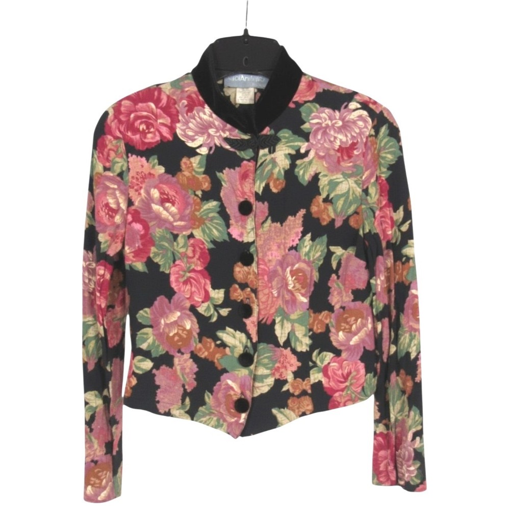 VTG 80's CAROL ANDERSON Black/Pink Floral CREPE Button-Up CROPPED Jacket/Top 8